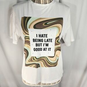 Candy Couture White I Hate Being Late Gem Accents Short Sleeve Tee Shirt Size 11